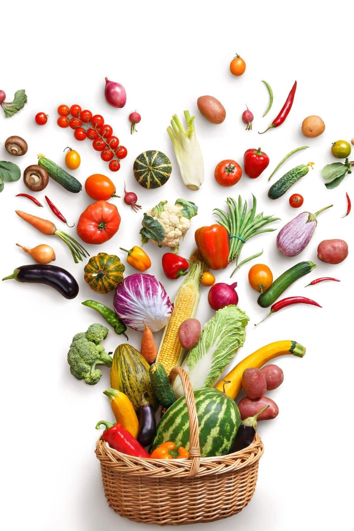 basket with healthy foods exploding from the top.