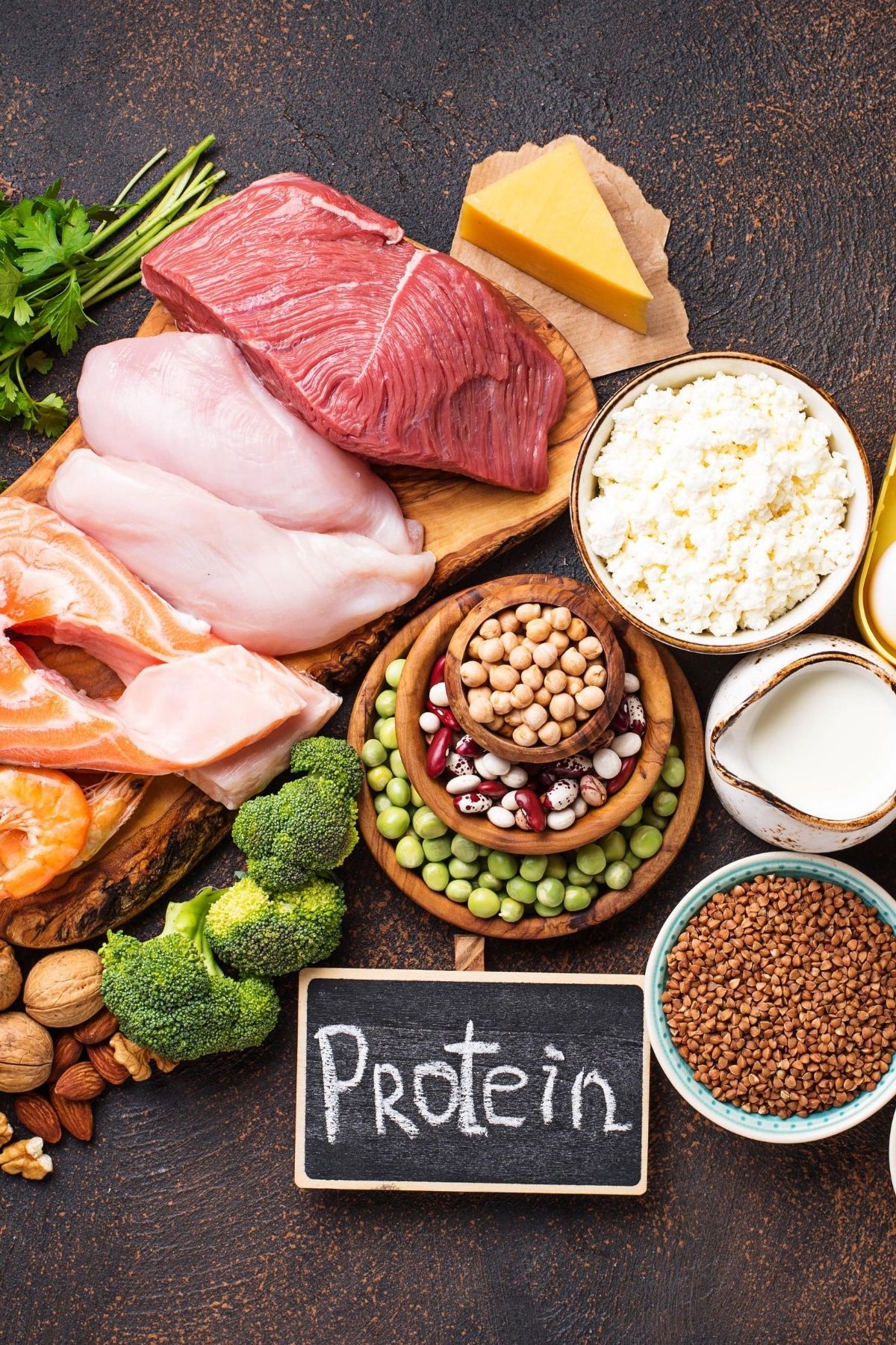 buffet of foods that are high in protein.