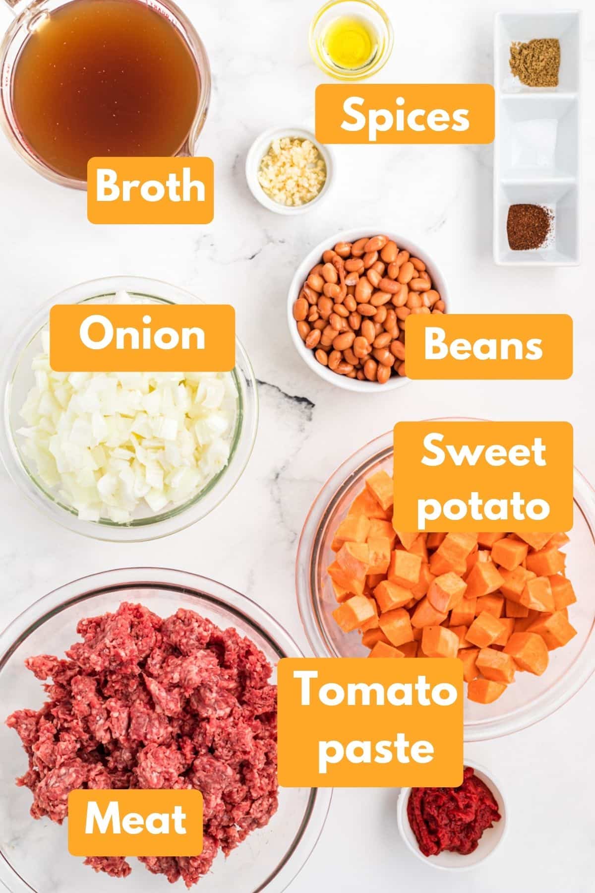 ingredients with labels to make instant pot sweet potato chili with beef.