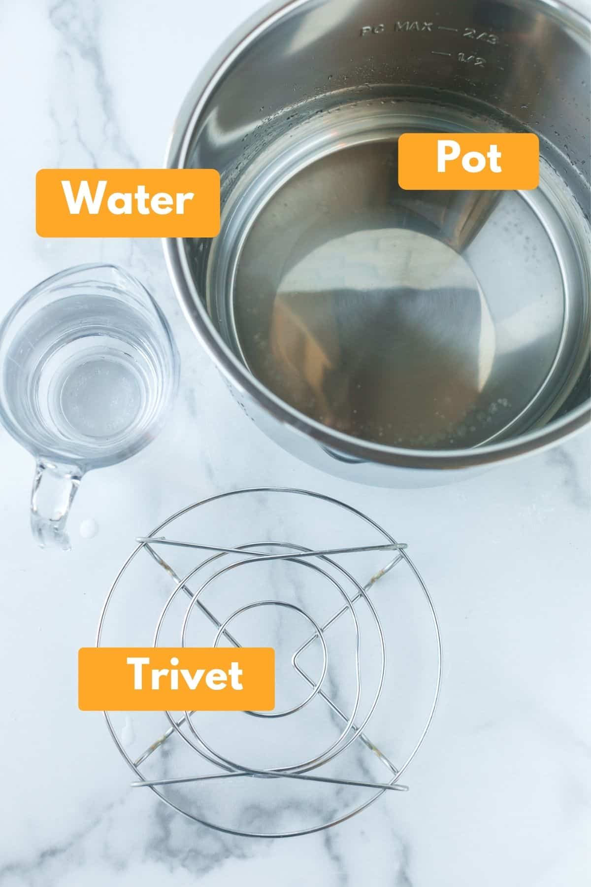 labeled picture with labels of items needed to make instant pot boiled potatoes.