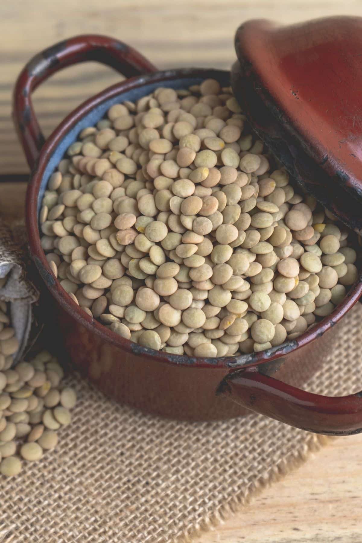 green uncooked lentils in pot