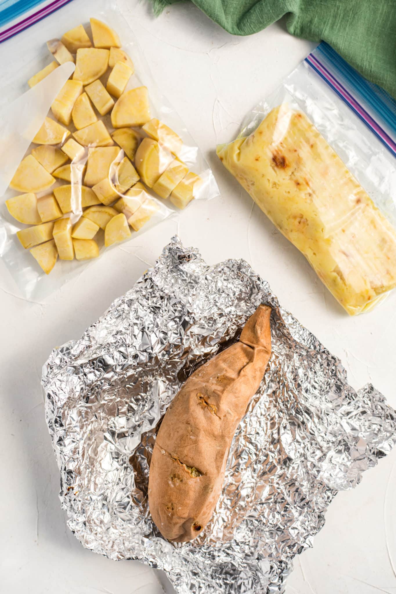 baked sweet potato prepped for freezing whole, diced, or mashed.