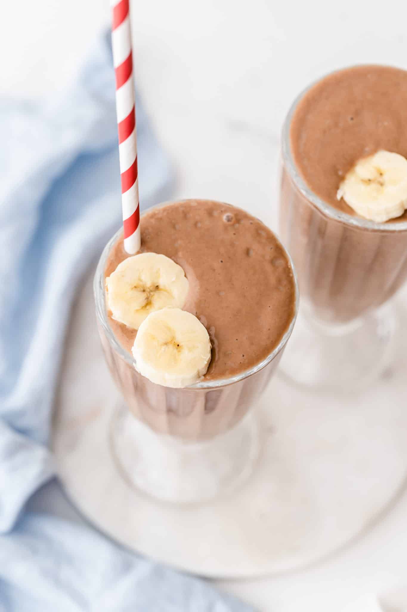 Close up of a chocolate avocado smoothie.