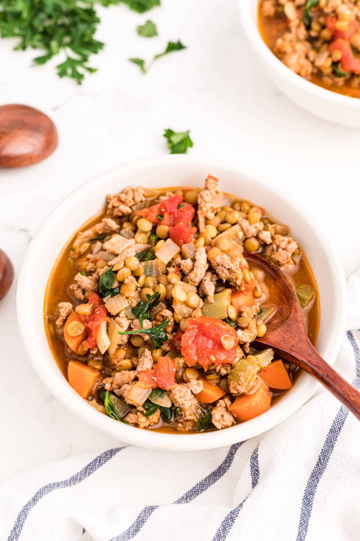 a bowl of turkey lentil soup