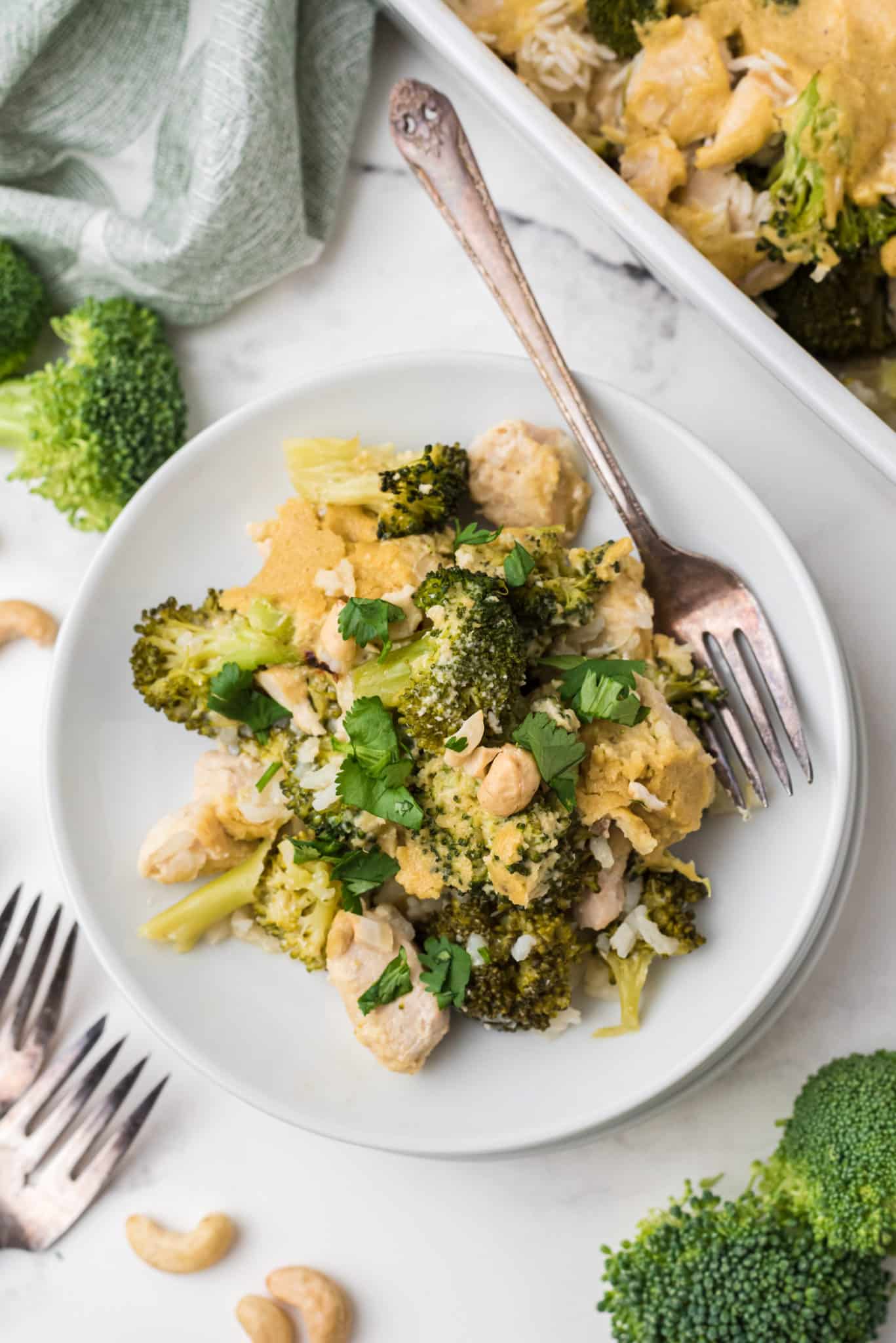 serving of healthy chicken casserole with broccoli.