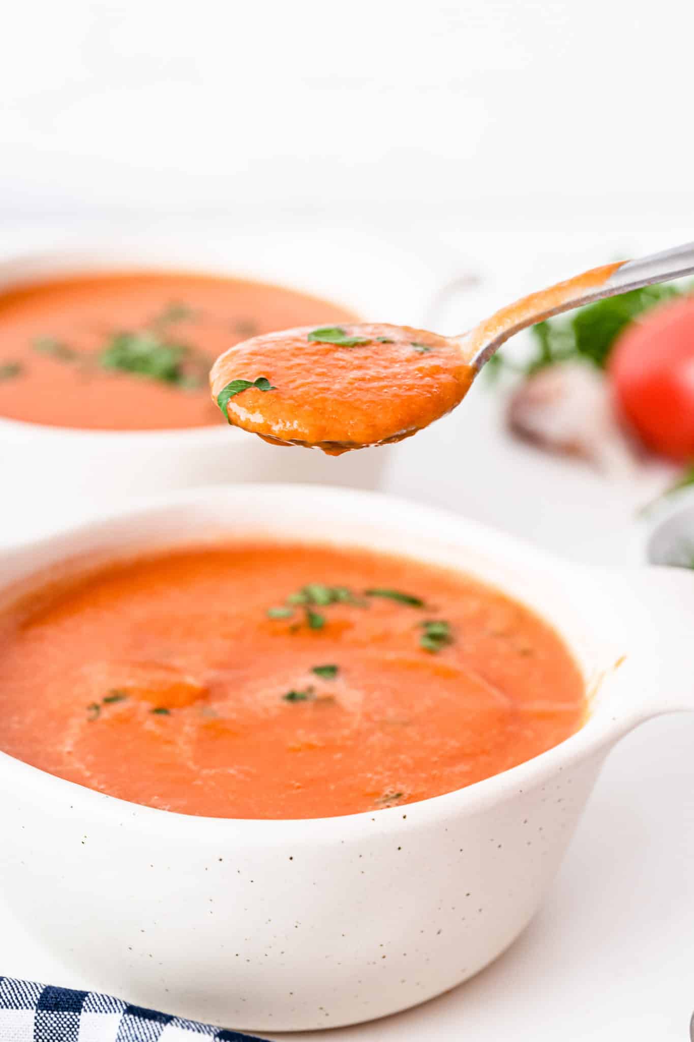 a spoonful of vitamix tomato soup.