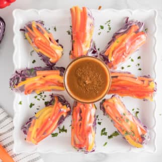 Veggie summer rolls on a platter with a bowl of peanut sauce.