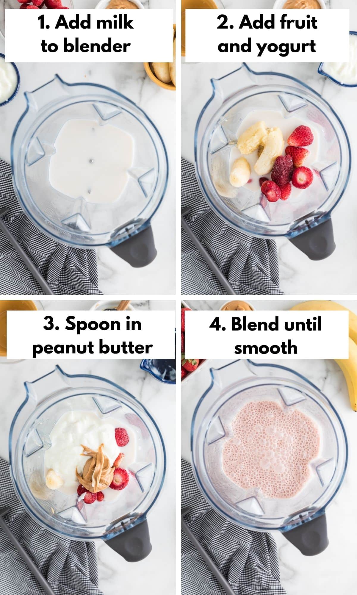 Process collage of blending a strawberry banana peanut butter smoothie in a blender.