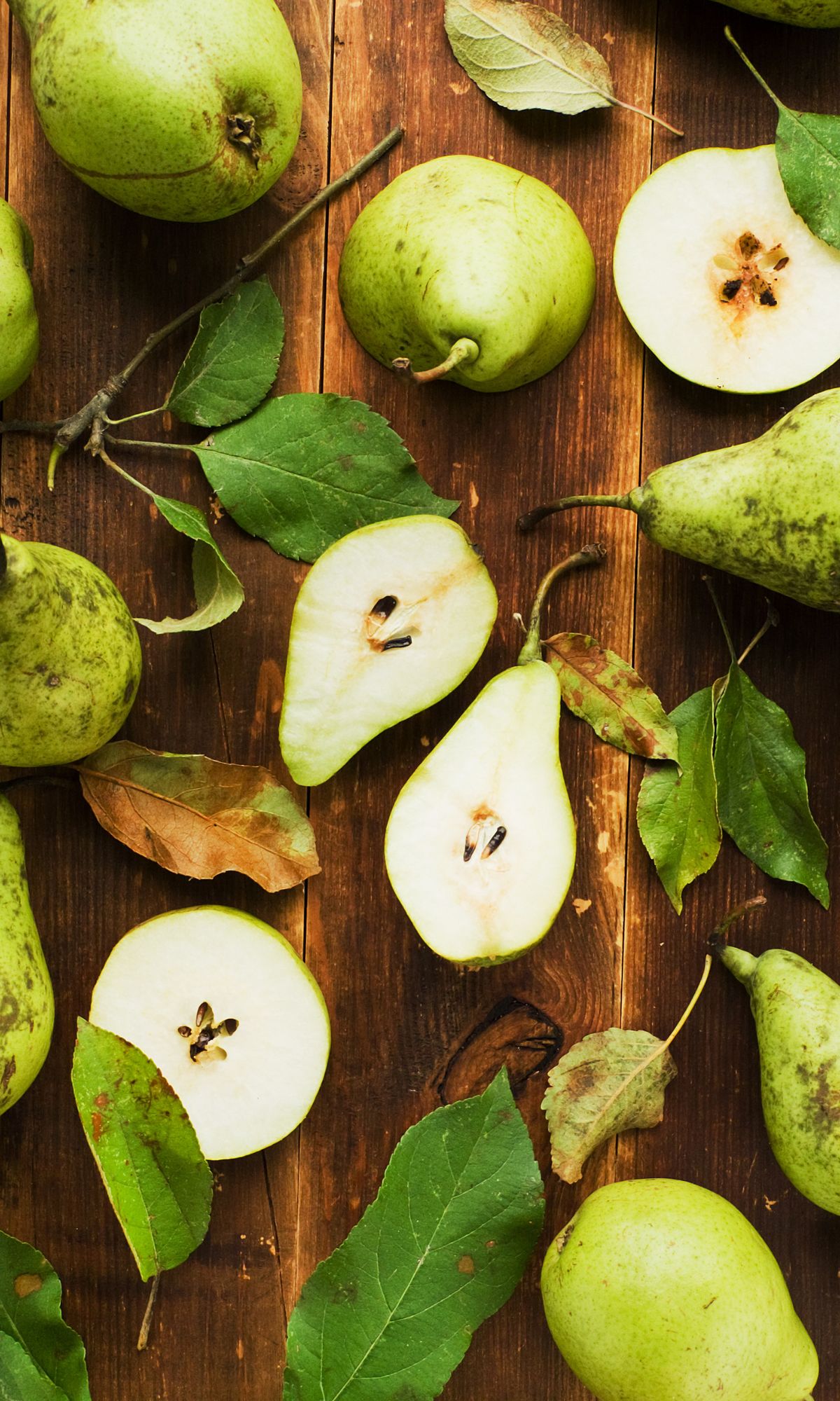 fresh pears on table.