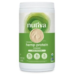 nutiva hemp protein powder in canister.