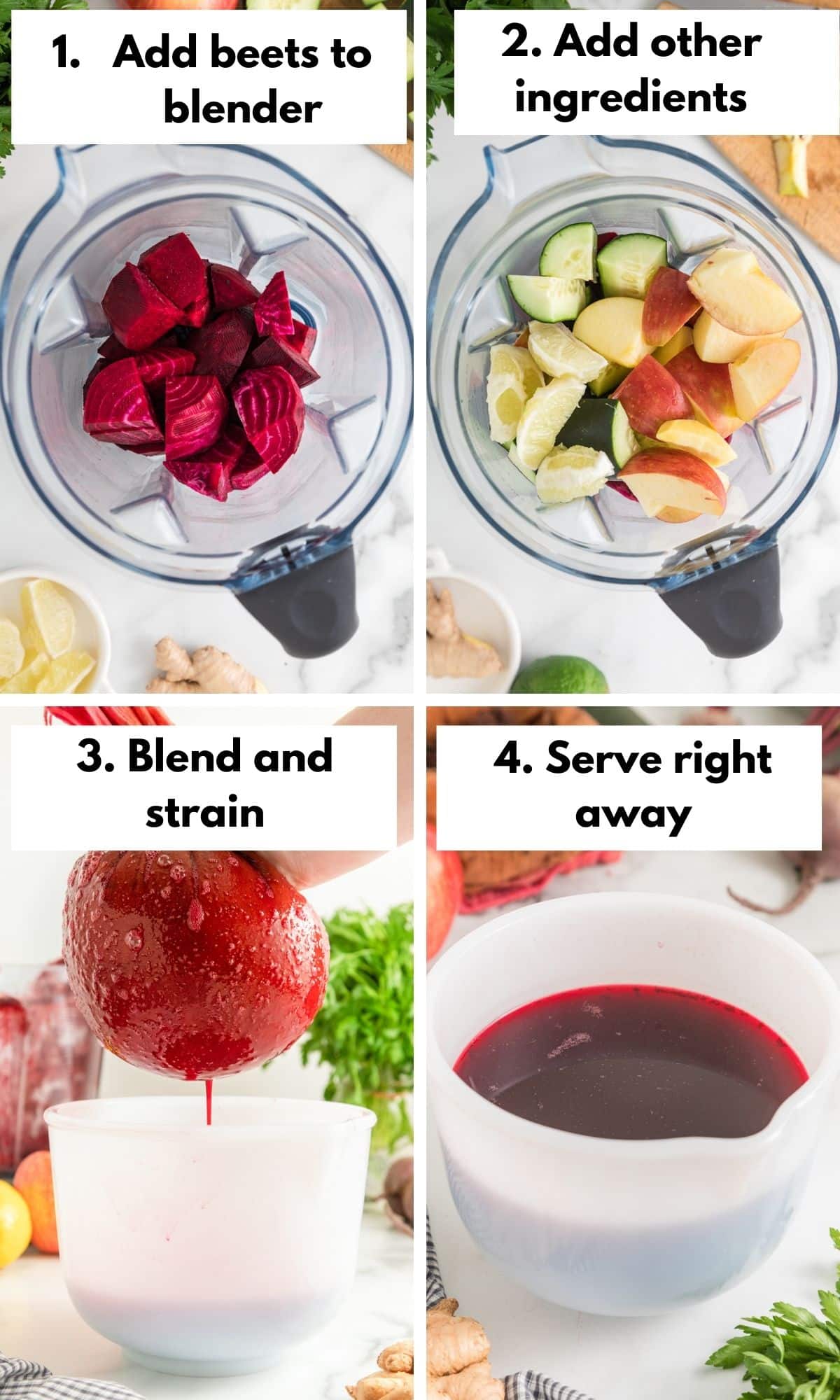 collage for making beet juice in a blender.