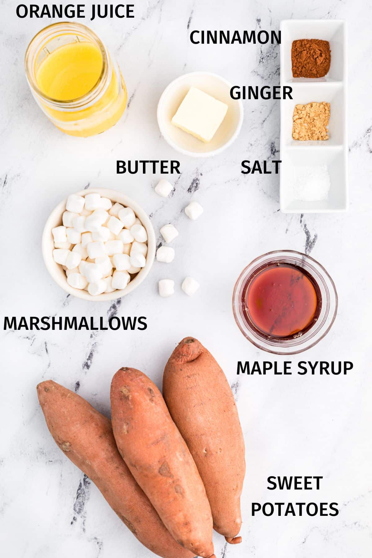 Ingredients to make Instant Pot candied yams in small bowls on a white surface.