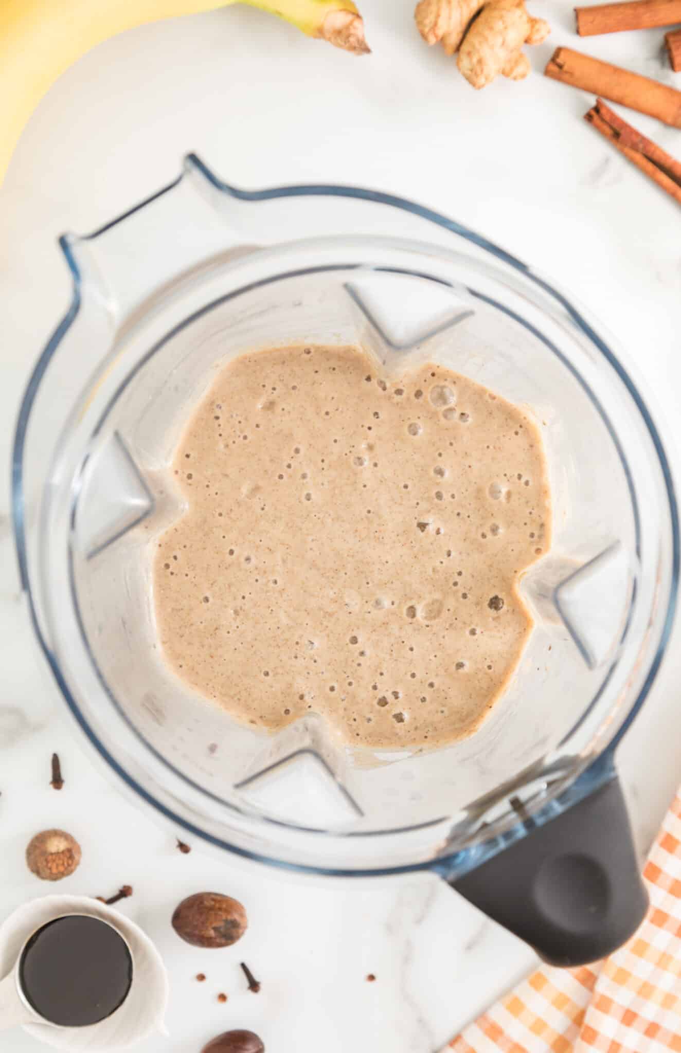 Gingerbread smoothie in the jar of a high powered blender.