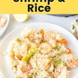 Instant Pot Rice and Shrimp on a white dinner plate.