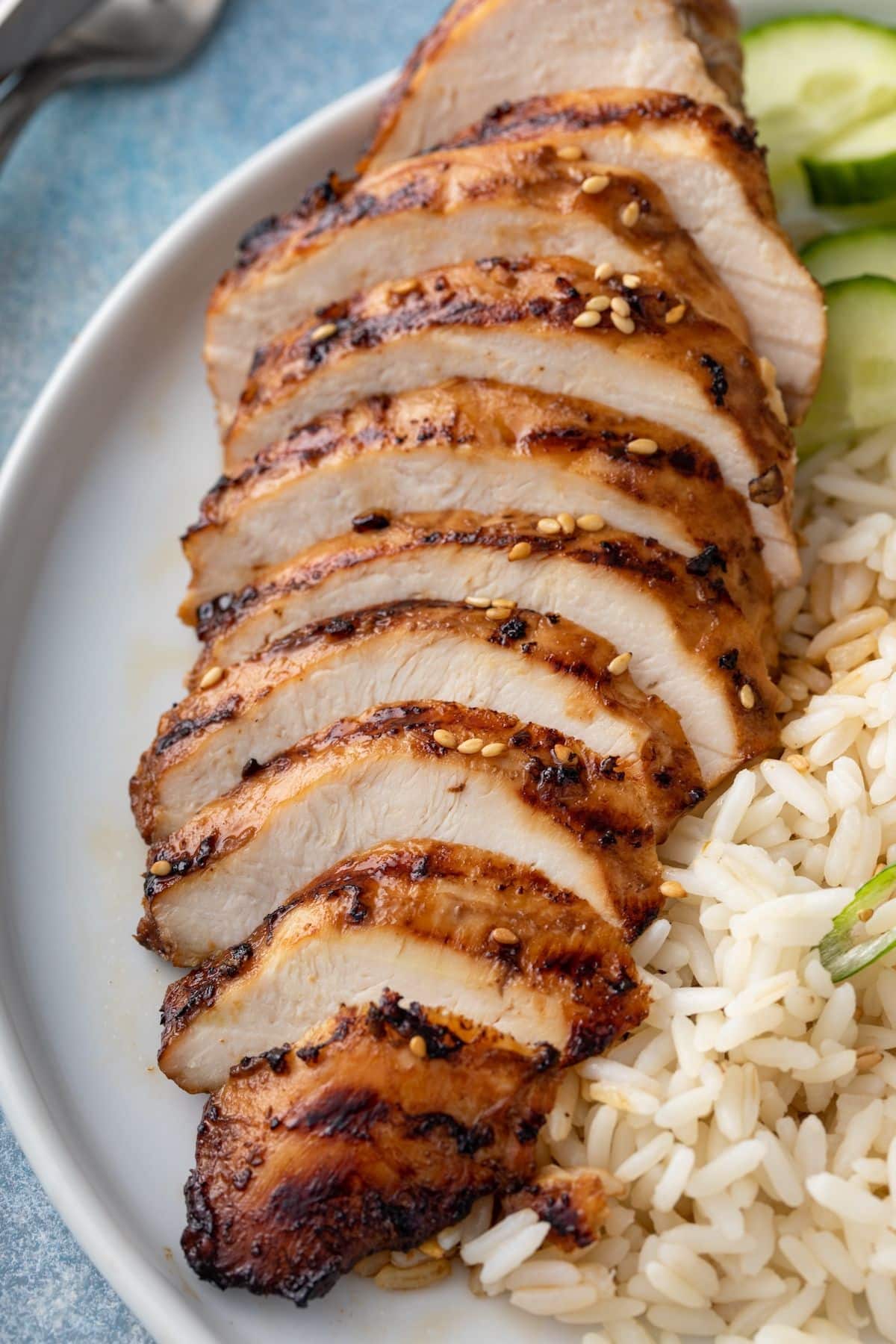 sliced air fryer teriyaki chicken breast.