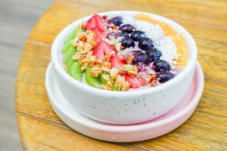 smoothie bowl with healthy fruit toppings.