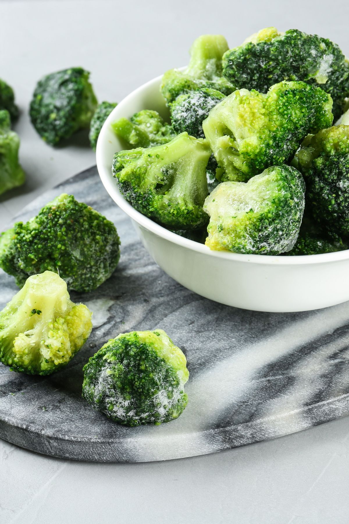 frozen broccoli florets in bowl.