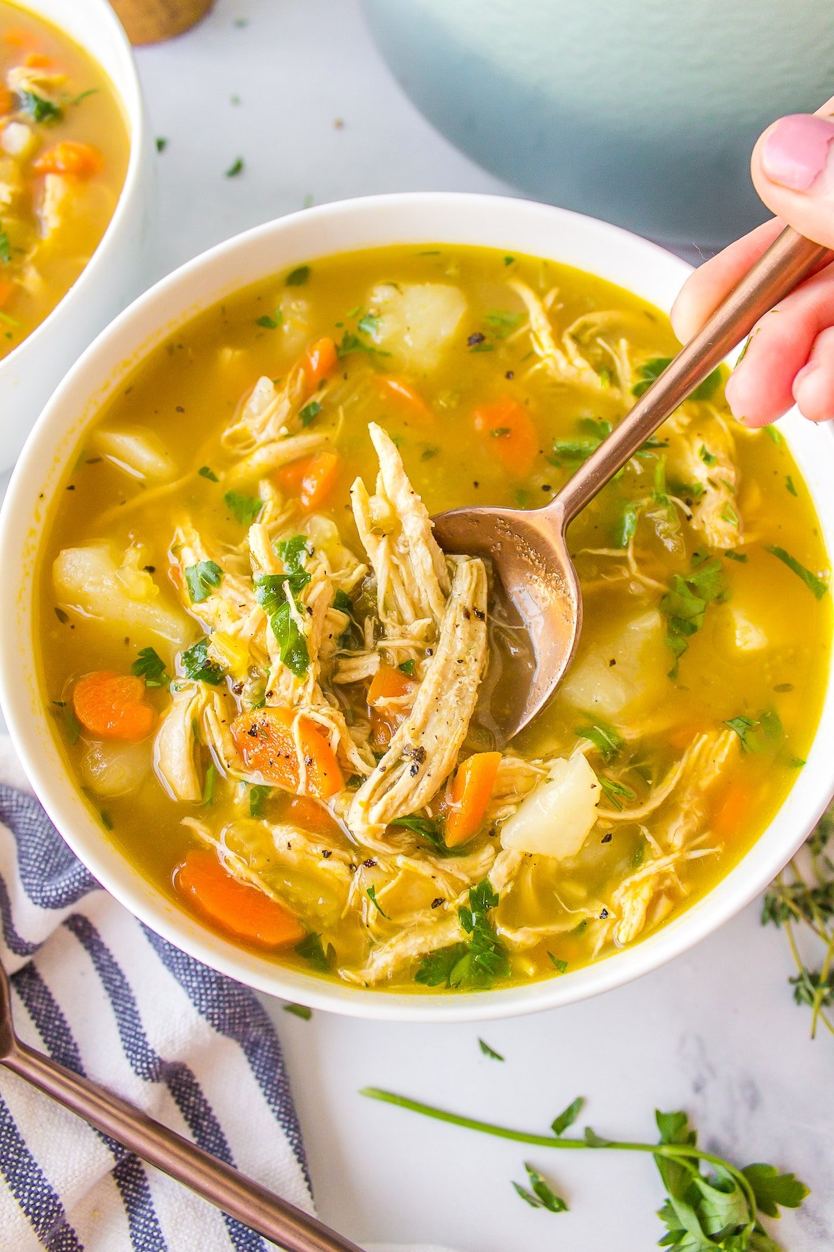 a bowl of bone broth chicken soup.