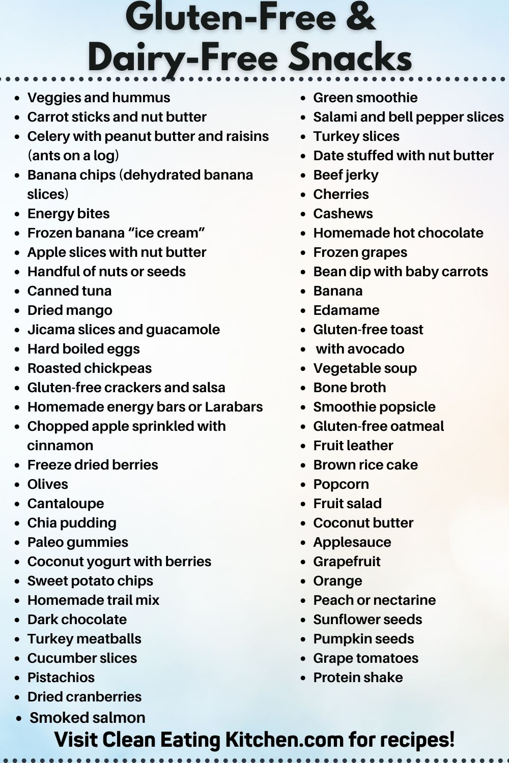 infographic with gluten-free dairy-free snacks.