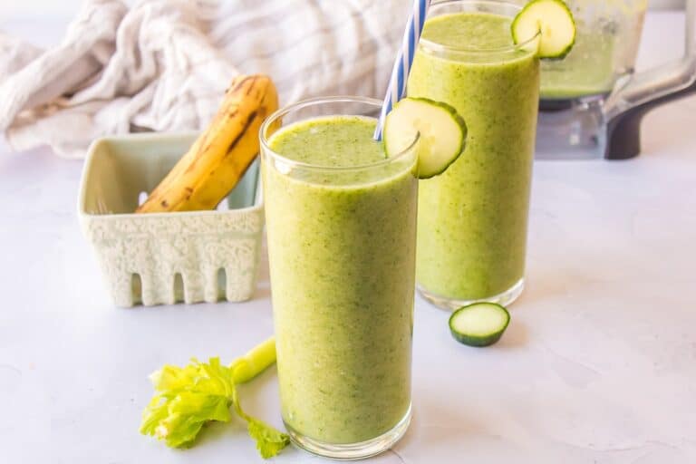 two glasses of celery cucumber smoothie.