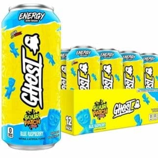 can of ghost energy drink sour patch kids on table.