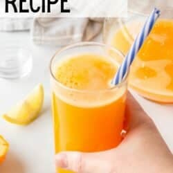 yellow juice recipe pin with straw.