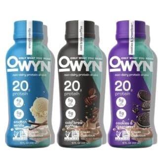 three bottles of owyn protein shake.