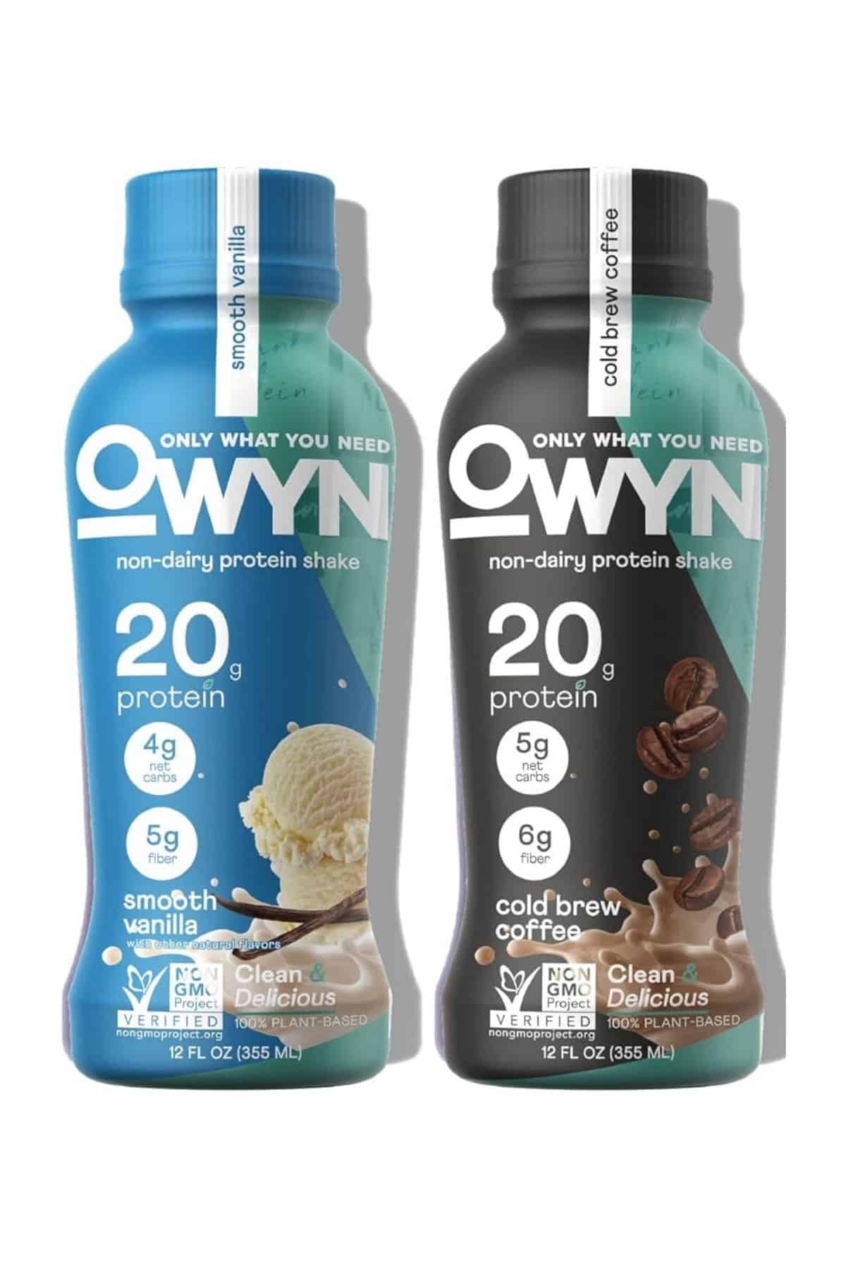 two bottles of owyn protein shakes.