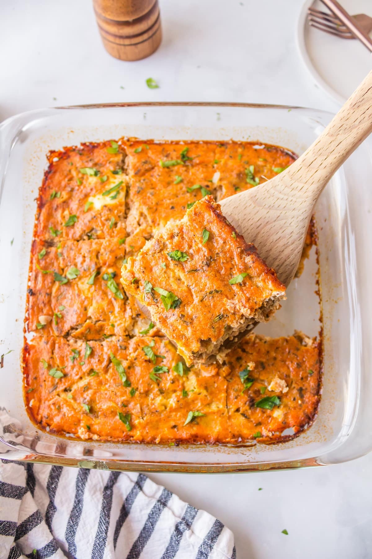 Dairy Free Salsa breakfast casserole baked in pan.