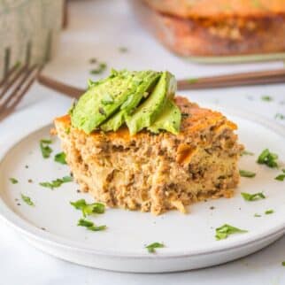 Dairy Free Salsa bfast casserole served on plate avocado.