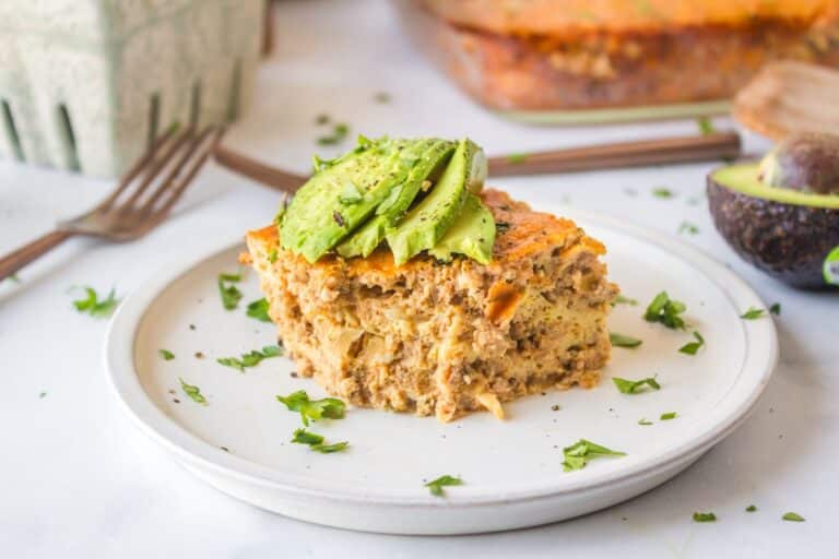 Dairy Free Salsa bfast casserole served on plate avocado.