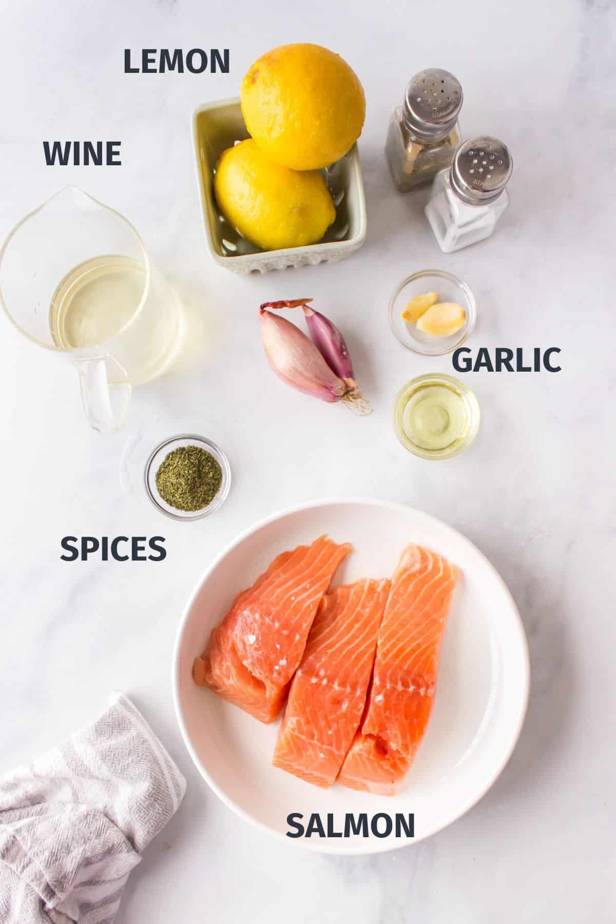 ingredients for slow cooker salmon with labels.